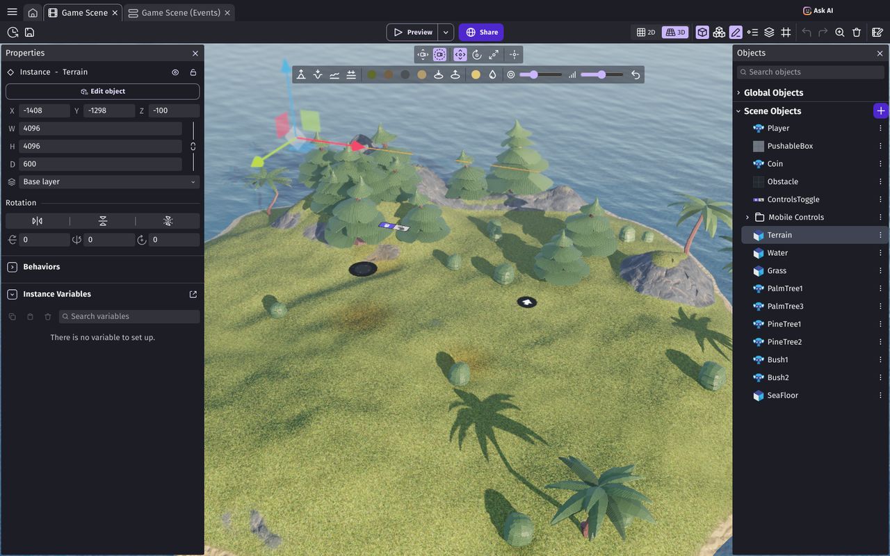 A 3D terrain selected in the scene editor, with its tools